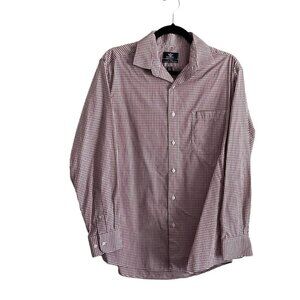 Dockers Men M 15/15-1/2 Red/White Checked Fitted L/Sleeve Button Up Dress Shirt